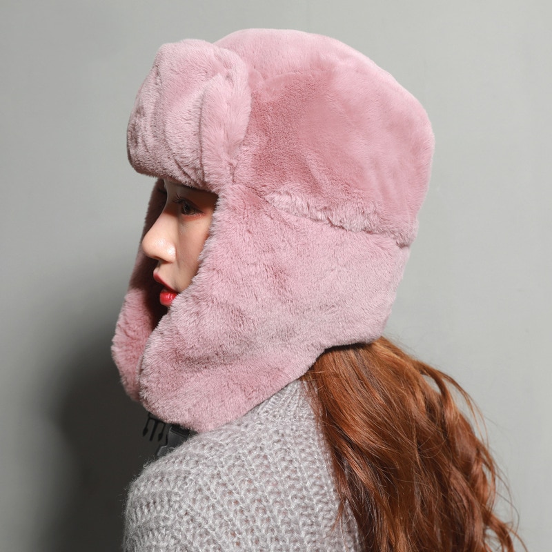 RoxCober Winter Fur Bomber Hats Russian Female Thicker Warm Hat Solid Pink Soft Windproof Ear Flap Ushanka Gorro Bomber Hat