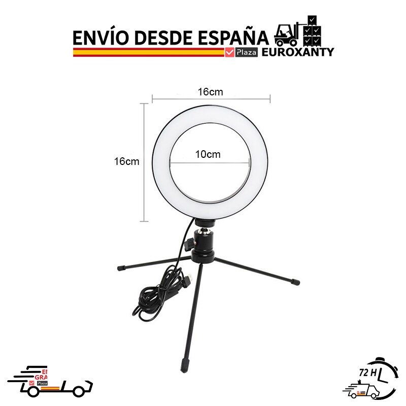 EUROXANTY®| Cerceau de lumière | 16cm 6 "| Anneau lumineux à LED | Cerceau de lumière avec trépied | Anneau de lumière | Maquillage | Tik Tok | Plaza España