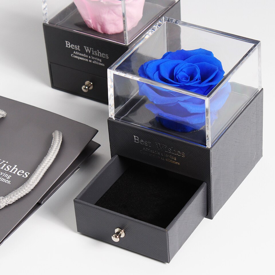 Preserved Real Rose Jewelry Box with Necklace Holder Immortal Flowers Forever Blossom Wedding Birthday Set for Women: blue no necklace