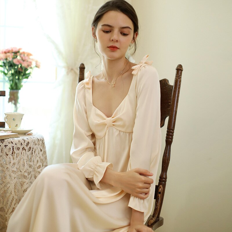 Lente Lange Stijl Vintage Nachthemden Vrouwen Volledige Mouwen Mid-Kalf Zijde Nacht Jurk Sexi V-hals Nachtkleding Meisjes Zoete Boog nightie