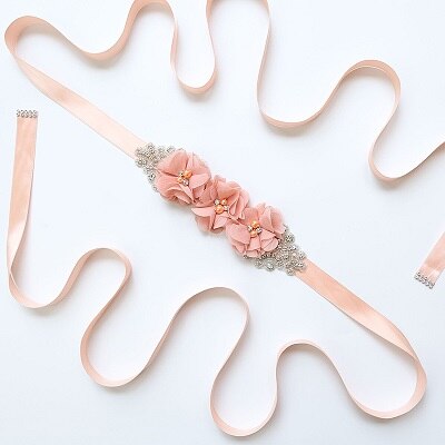Zomer strand bruiloft bloemen riemen voor bruid parel chiffon bloemen riemen sjerpen kristal bruidsaccessoires ceinture mariage: Oranje roze