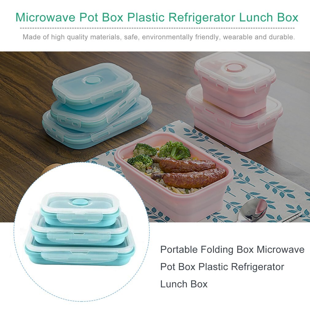 Fda 3/4 Pcs Draagbare Opvouwbare Lunchbox Vierkante Siliconen Lunchbox Magnetron Lunchbox Plastic Koelkast Hoge Temperatuur