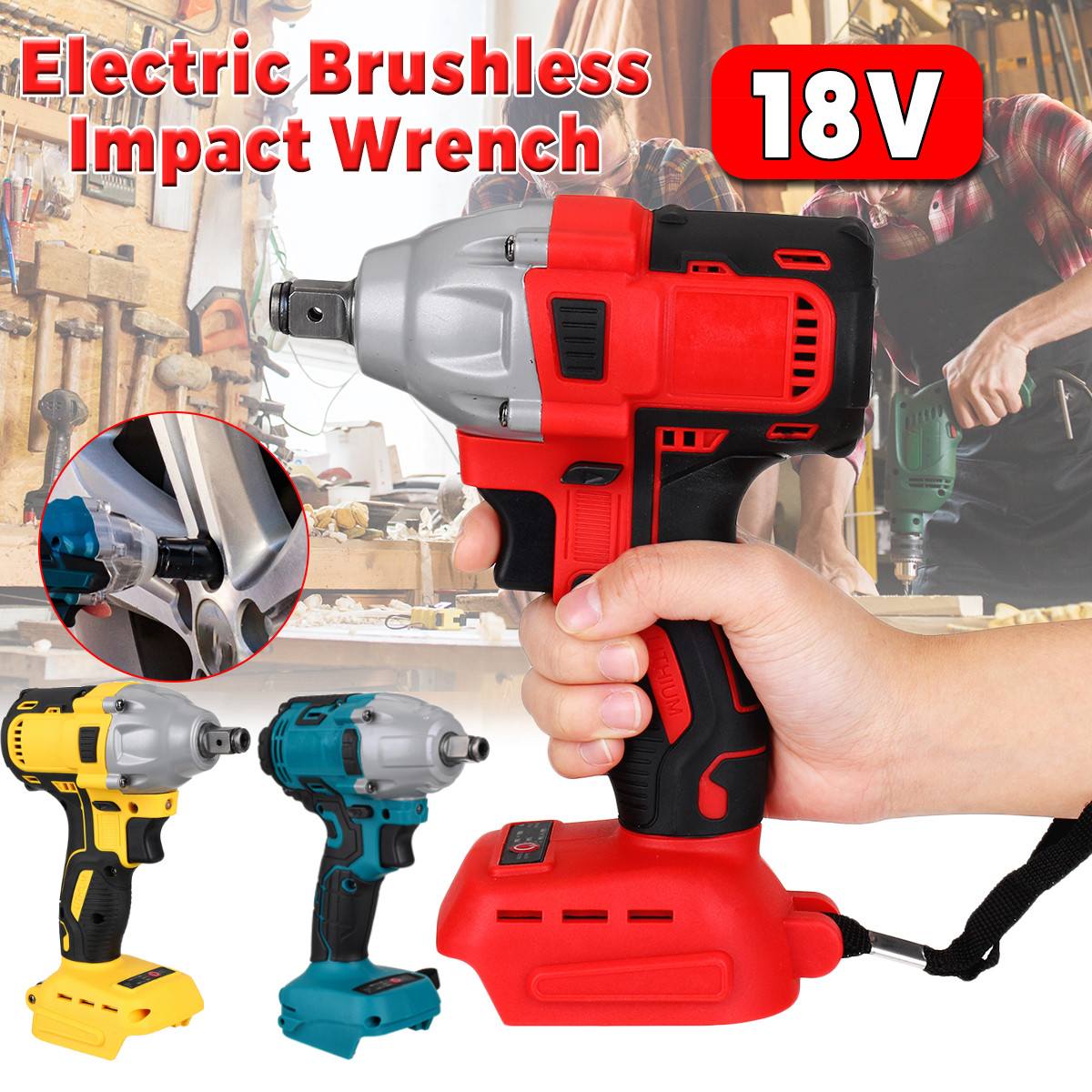 18V 520N.m Cordless Electric Impact Wrench Motor 1/2" Square Brushless Rechargeable Wrench LED Light For Makita Battery