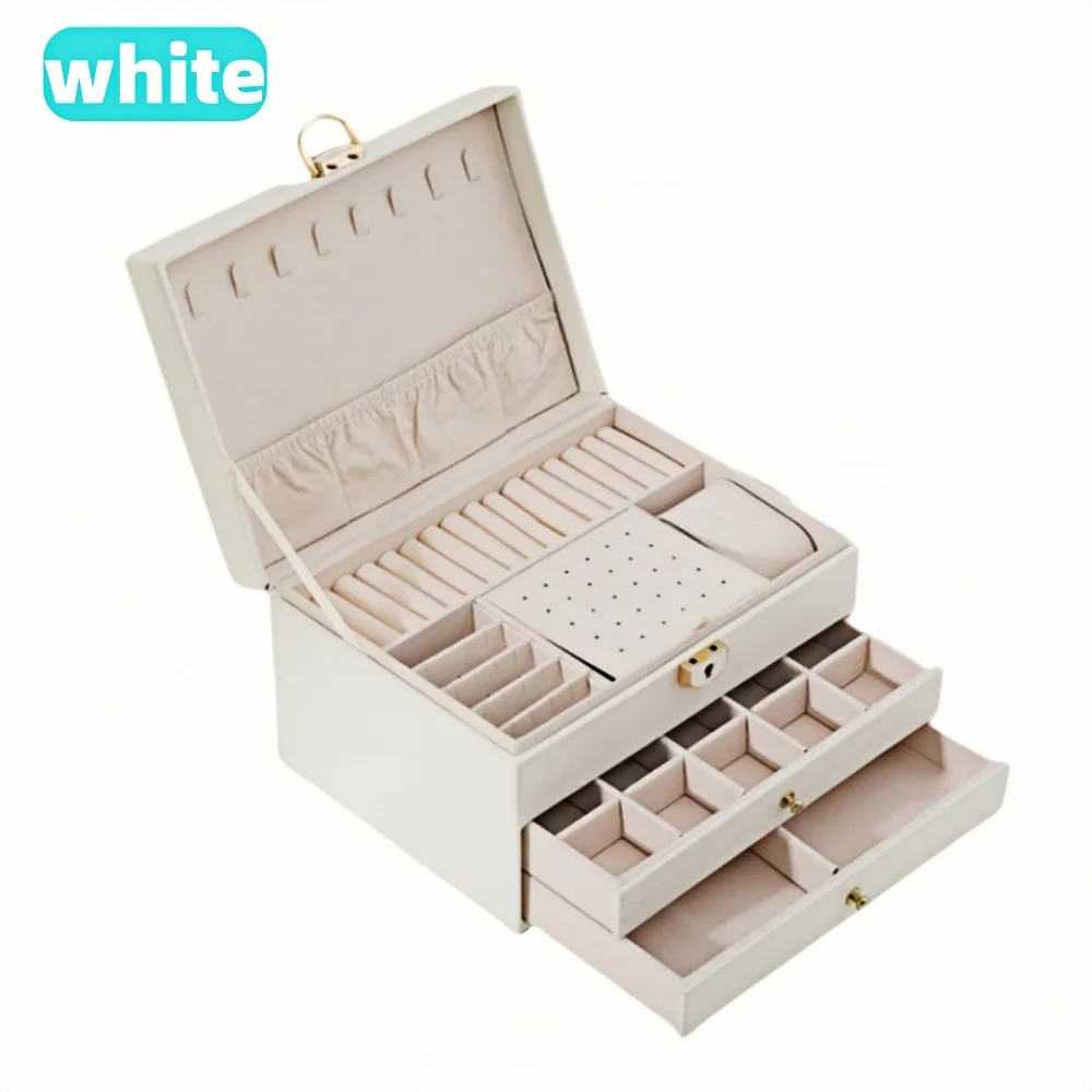 Schmuck-Aufbewahrungsbox, abschließbar – 3-lagige große Schublade für Ohrringe, Ringe, Halsketten-Organizer – modische Reise-Schmuck-Aufbewahrungsbox: WHITE
