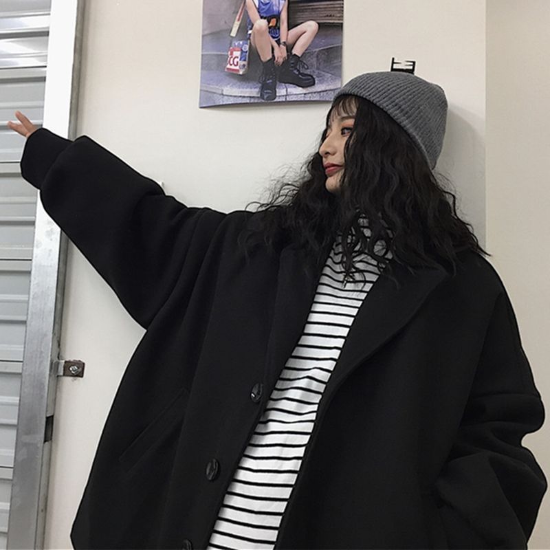 Blends Womens Coat Black Solid Casual Thicken Aesthetic Korean Style Couple Loose Leisure Female Harajuku Trendy Simple Wool