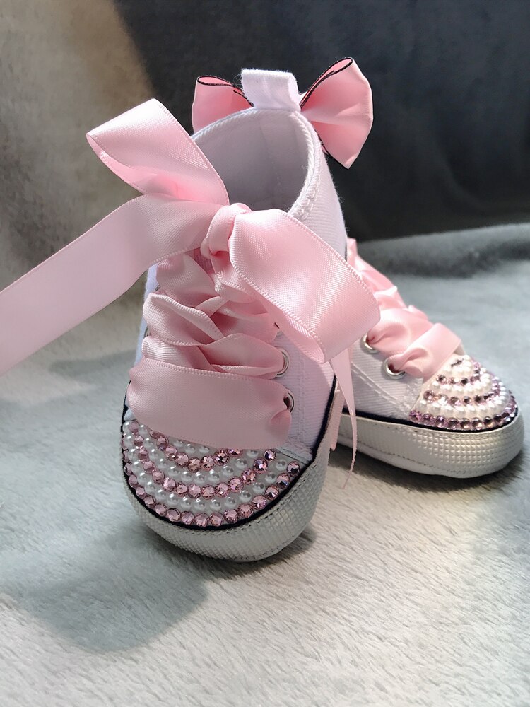 Zapatillas de deporte con perlas y diamantes para niña, zapatos de cuna con perlas brillantes, hecho a mano, de cumpleaños: 3
