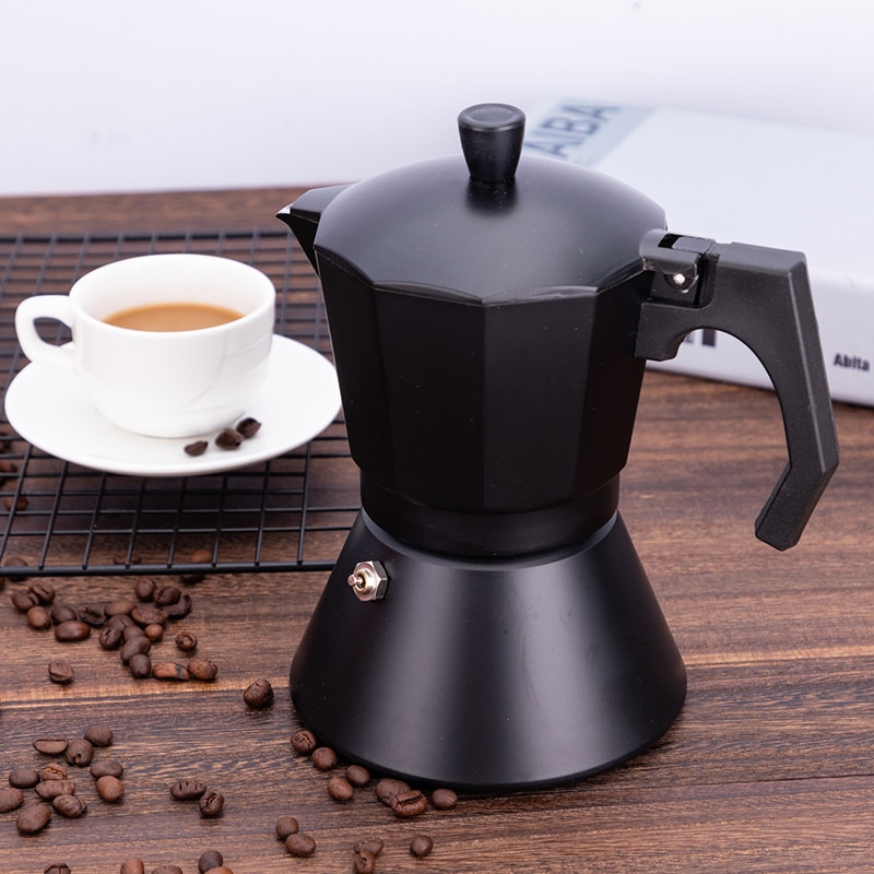 3/6/9 Cup Italian Coffee Pot Aluminum Mocha Home Induction Cooker Coffee Maker Double Bottom Hand Punch Filter Stove Black