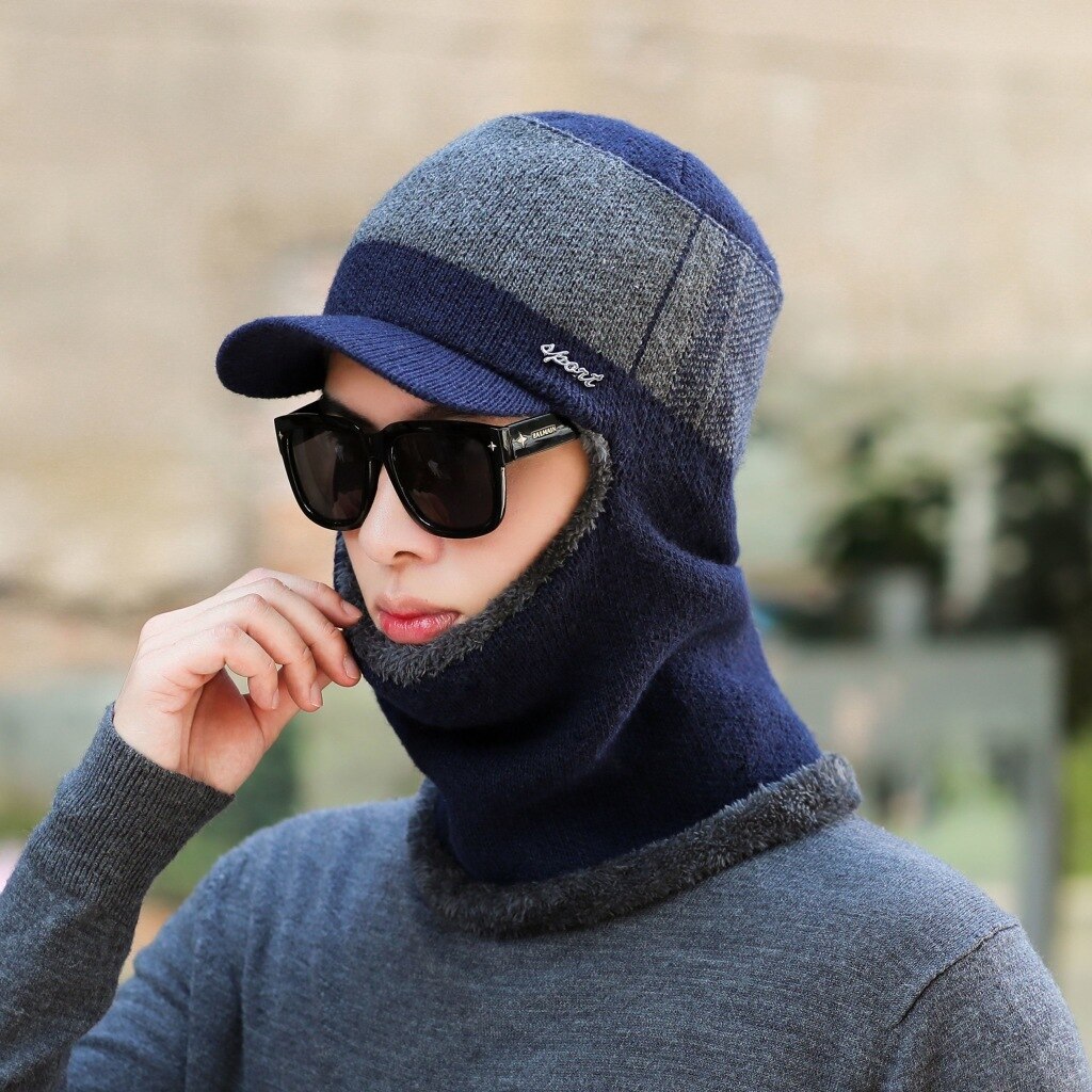 Wintermutsen voor mannen skullies muts wintermuts heren dames wollen sjaal mutsen set bivakmuts masker gorras muts gebreide muts: Donkerblauw