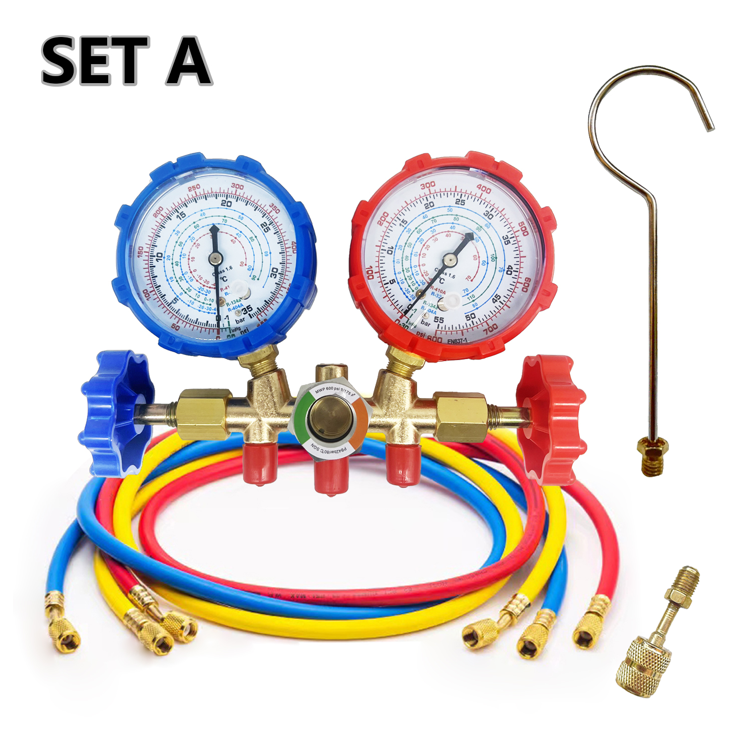 Air Conditioning Pressure Gauge with Hose and Hook 3 Way AC Diagnostic Manifold Gauge Set for Freon For R12 R32 R404A R134a: black