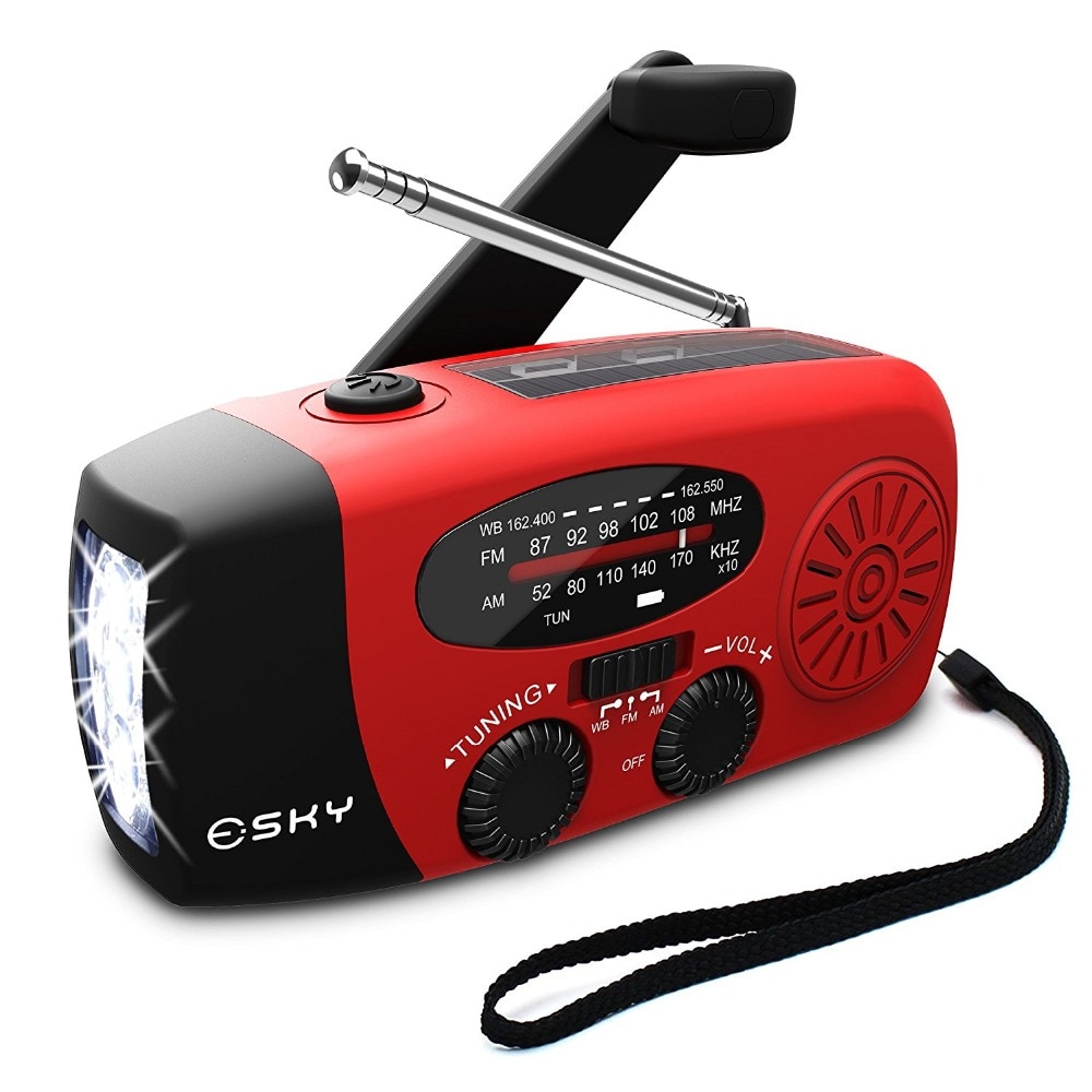 5-in-1 Portable FM Radio Hand Crank Self Powered AM/FM/NOAA Solar Emergency Radios with 3 LED Flashlight 1000mAh Power Bank