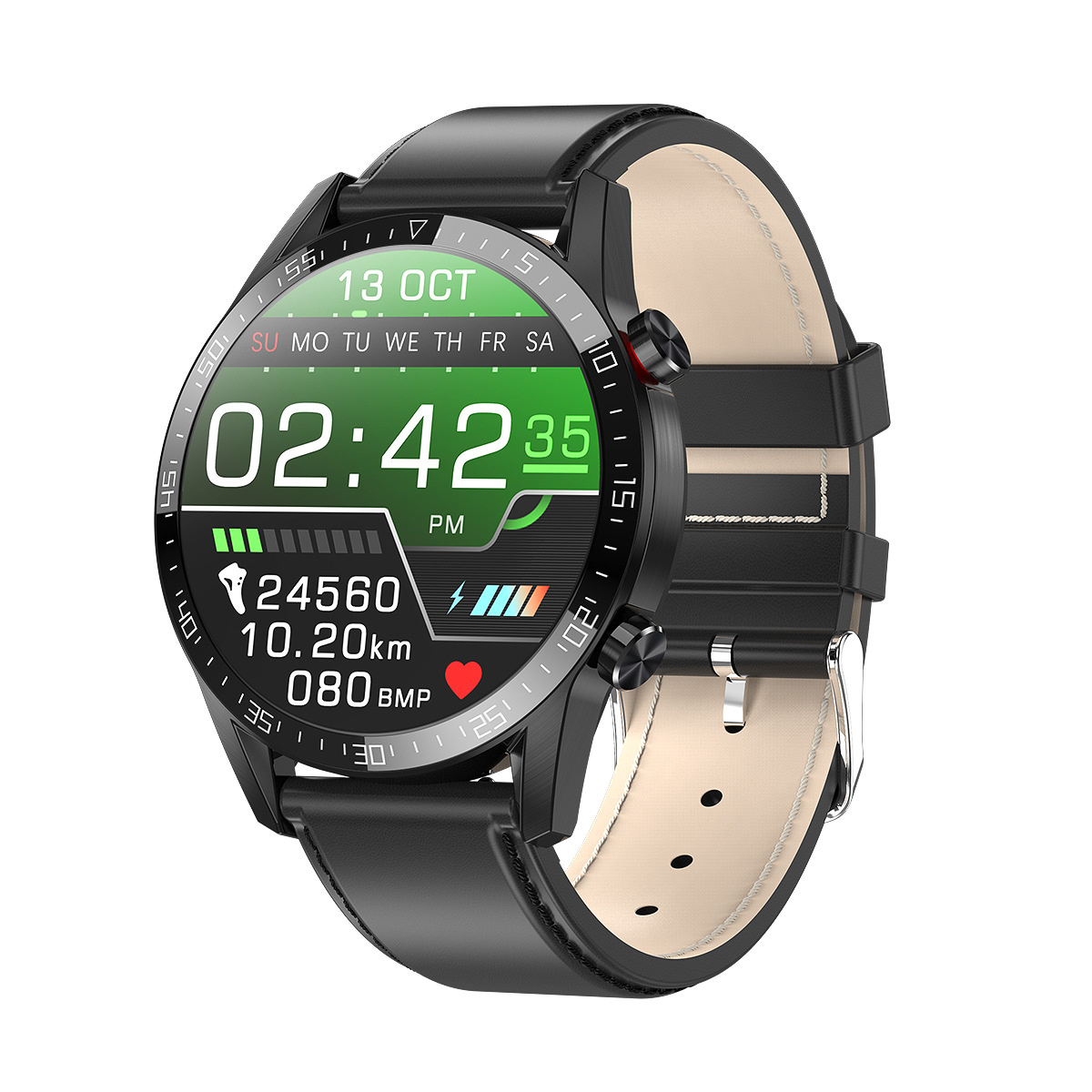 smart watch L13 Bluetooth call notification heart rate blood pressure blood oxygen information push IP68 waterproof: Black Leather