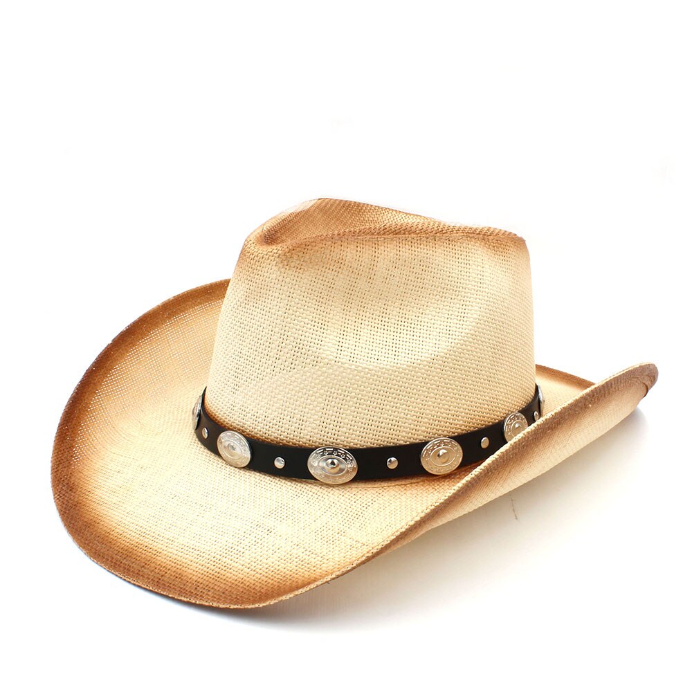 Sombrero vaquero de paja con banda de cuero de para Hombre y mujer, Sombrero occidental, gorros de vaquera, talla 58CM