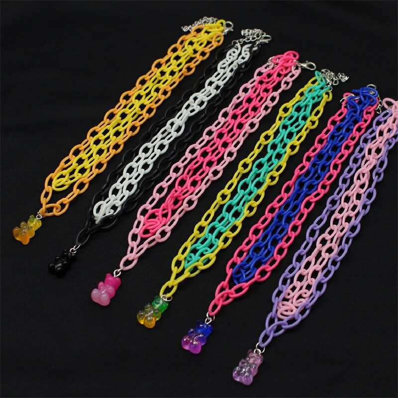 Collana con ciondolo orso in resina creativa colore caramella divertente doppio strato dichiarazione girocollo Harajuku regali gioielli per feste