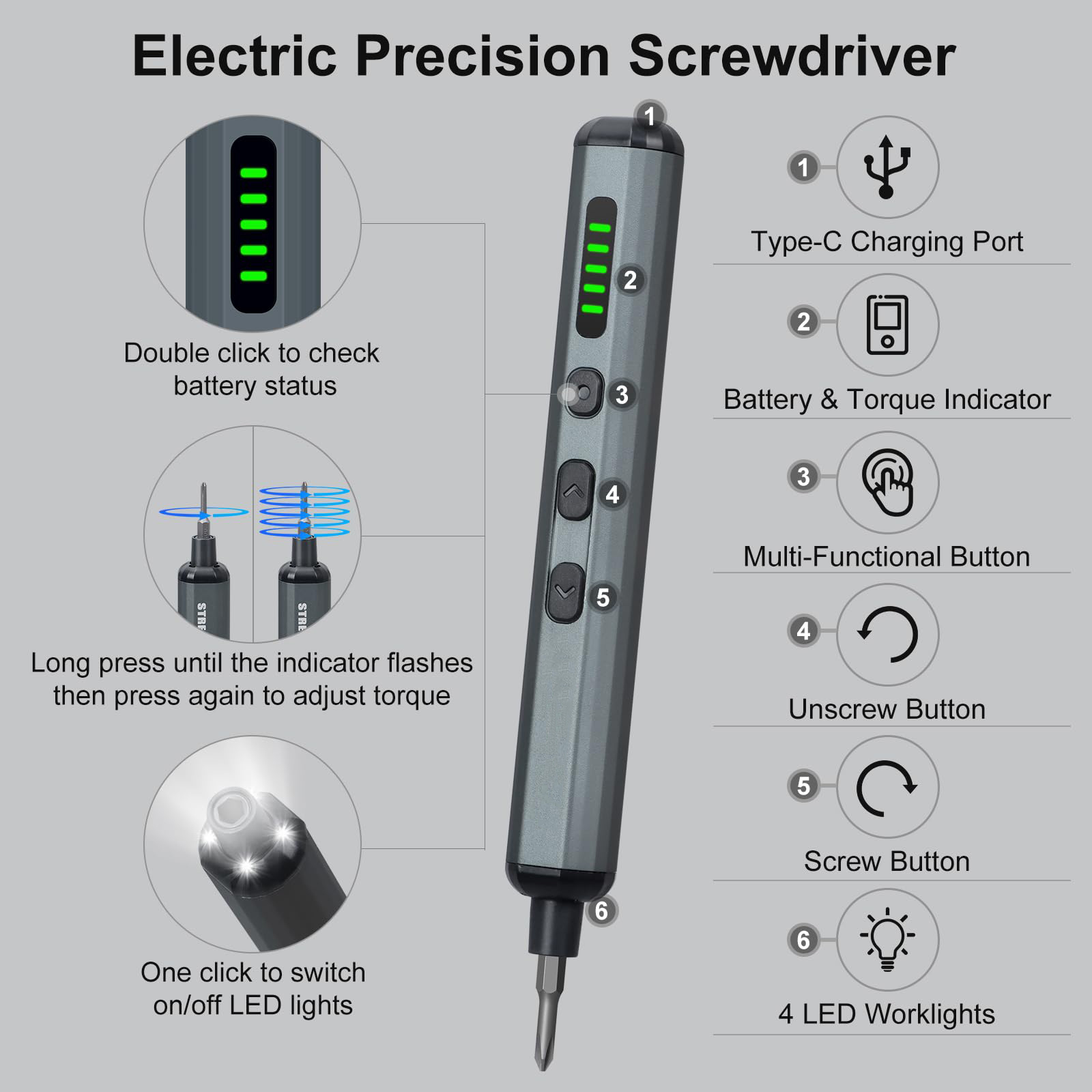 Precisions elektrisk skruvmejselsats 68 in 1 sladdlös 64 s2 precisionsborrar 5 momentinställningar led handreparationsverktygssats