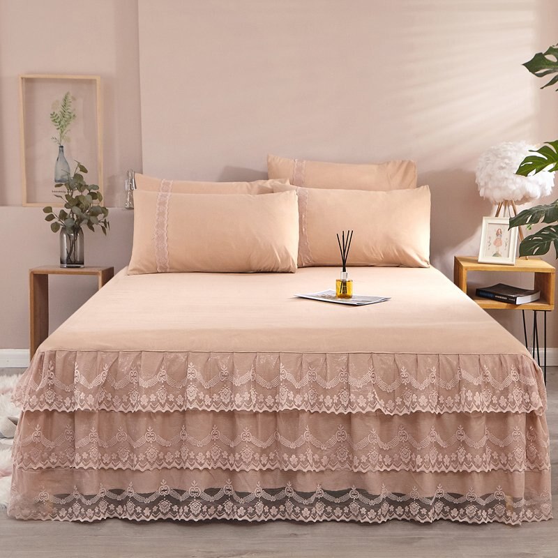 3 stk/sæt pink beige romantisk prinsesse sengeskørt trelags blonde sengetøj madrasbetræk dobbelt enkelt boligtekstil 1.5/1.8/2m: Khaki / 180 by 200 cm 3 stk