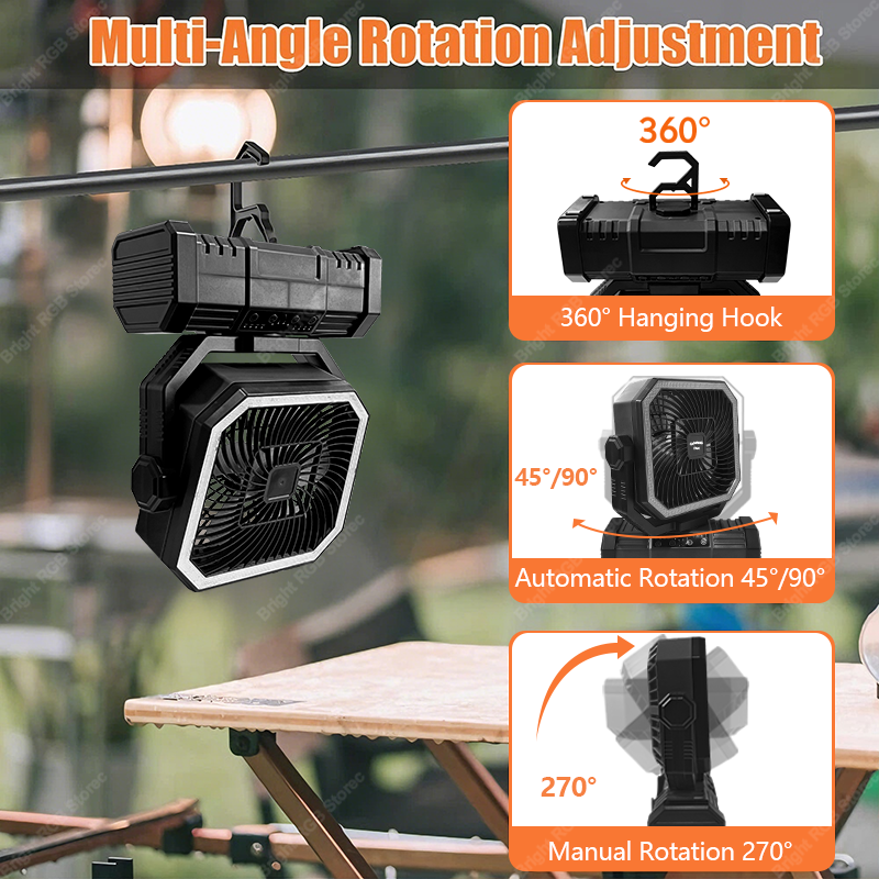 Ventilator de camping alimentat cu baterii de 20000 mah cu cârlig de agățare cu rotație de 360 ° pentru corturi de pescuit, ventilator de tavan reîncărcabil pentru camping