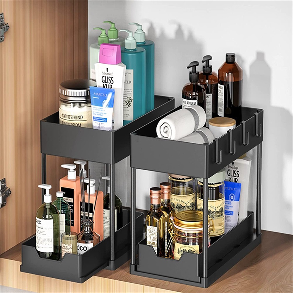 Küche unter der Spüle, Organizer, Aufbewahrungsregal, 2-stufiger Shampoo-Reinigungsmittelschrank, Gewürzregal, Badezimmer-Kosmetik-Aufbewahrung