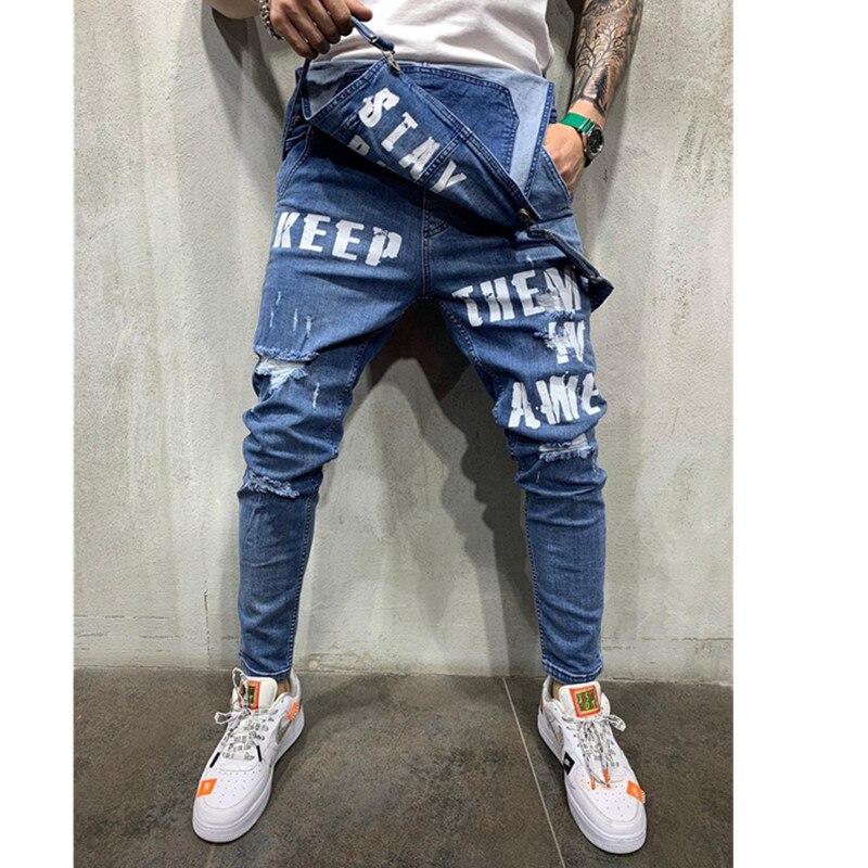 Homme déchiré jean imprimé lettres combinaisons rue en détresse Denim style britannique salopette à bretelles homme jarretelle pantalon travail vêtements