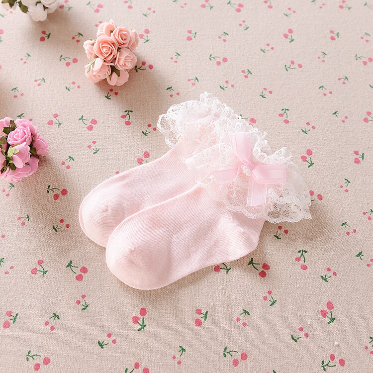 Babymeisjes 3m/6m/9m/12m/24m prinsessen kanten sokken ademend zacht gekamd katoen geplooid dubbele kant parelversiering peutermeisjes: Roze / 12m