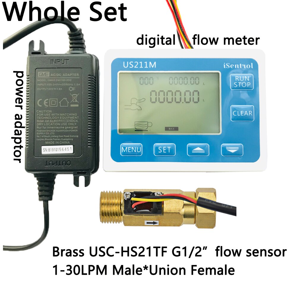 US211M USC-HS21TF Wasser Flow Meter Digitale Halle Wasser Flow Sensor Reader mit Messing Union 1-30L/min halle wasser durchflussmesser turbine