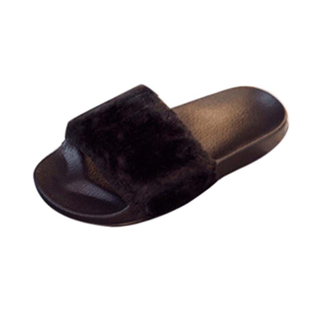 Sandale plate avec fausse fourrure pour femmes, pantoufle moelleuse, talon plat, collection sans lacet: Black / 38