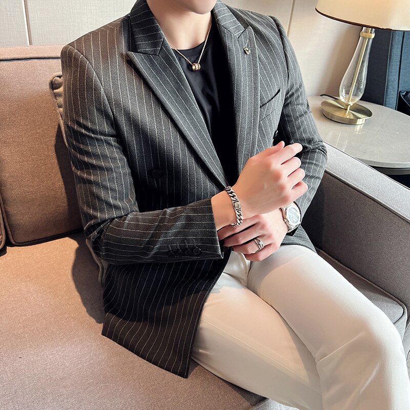 Black/Gray Mens Business Formal Suit Jacket Double Breasted Striped Blazer Mens British Style Slim Fit Casual Wedding Suit Coats: gray / Asian 3XL 78-83KG