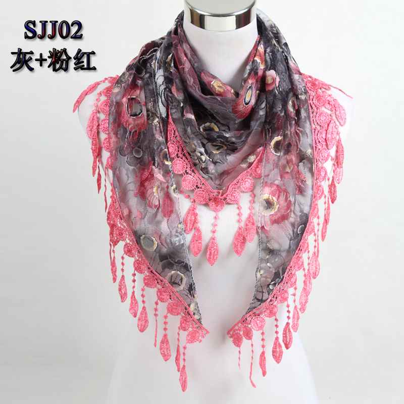 Women Triangle Scarf Lace Floral Summer Beach Tassel Scarves Chiffon Silk Wrap Pashmina Stole Foulard Hijab SJJ02: Gray pink