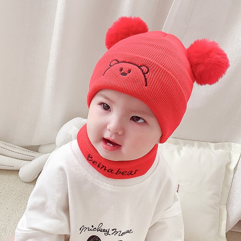 Baby winter warme mutsen 2 stuks peutermuts + twitter pompon kindermuts muts enfant gebreide schattige muts voor meisjes jongens 0-24 maanden: Rode set