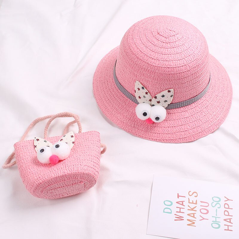 Zomer Baby Bloem Ademend Strohoed Met Handtas Tassen Kids Hoed Jongen Meisjes Zonneklep Uv-bescherming Panama Hoed gorras: 2-dark pink