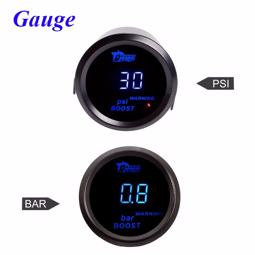 Dragon gauge bilmåler 2 " 52mm psi/bar turbo boost gauge bilmåler blå led digitalt display sort fælg skal til 12v køretøjer