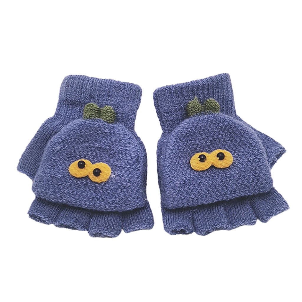 Children Kids Boys Girls Winter Cartoon Cat Patchwork Color Warm Knitted Gloves Kids Boy Girl Convenient Half-finger Gloves: Blue