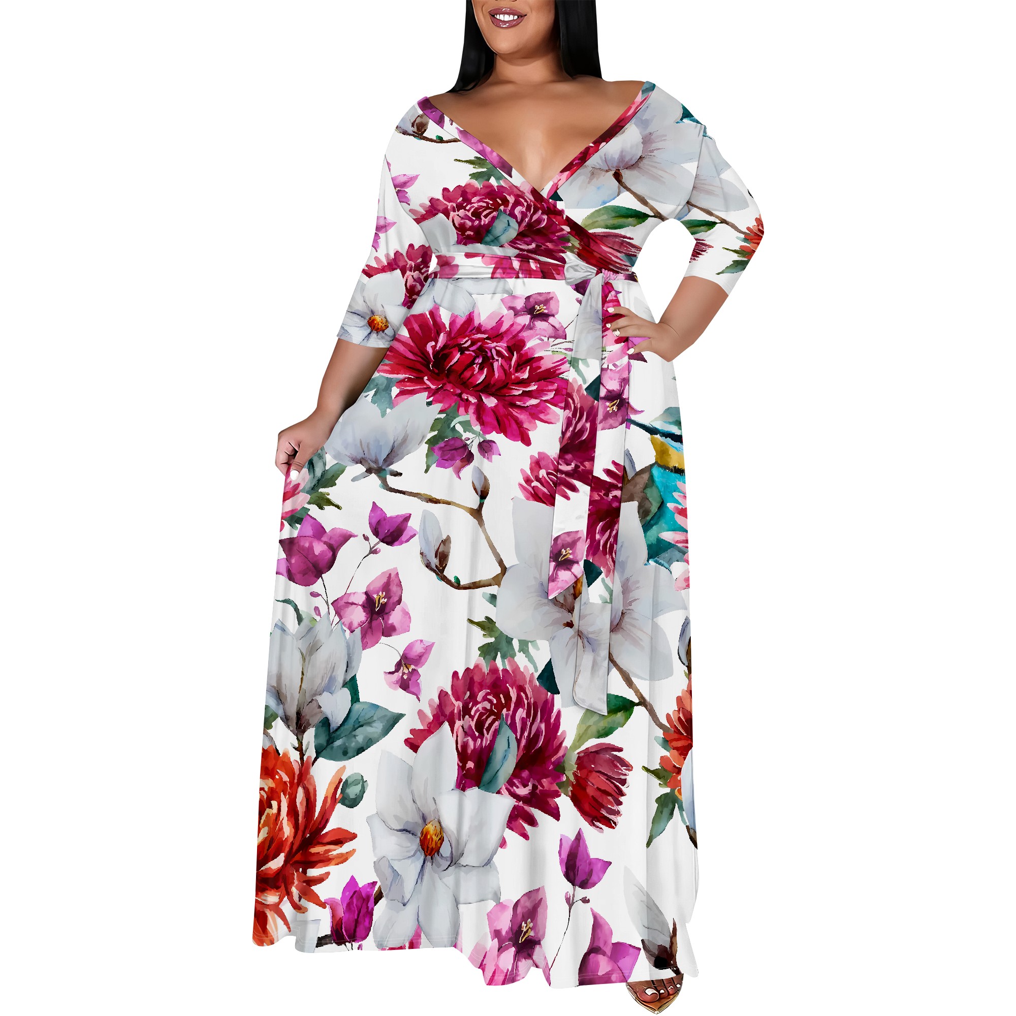 Plus size vit blommig maxiklänning röd pionmönstrad v-ringad omlottklänning fest semesterstil: 5xl / Kungsblå