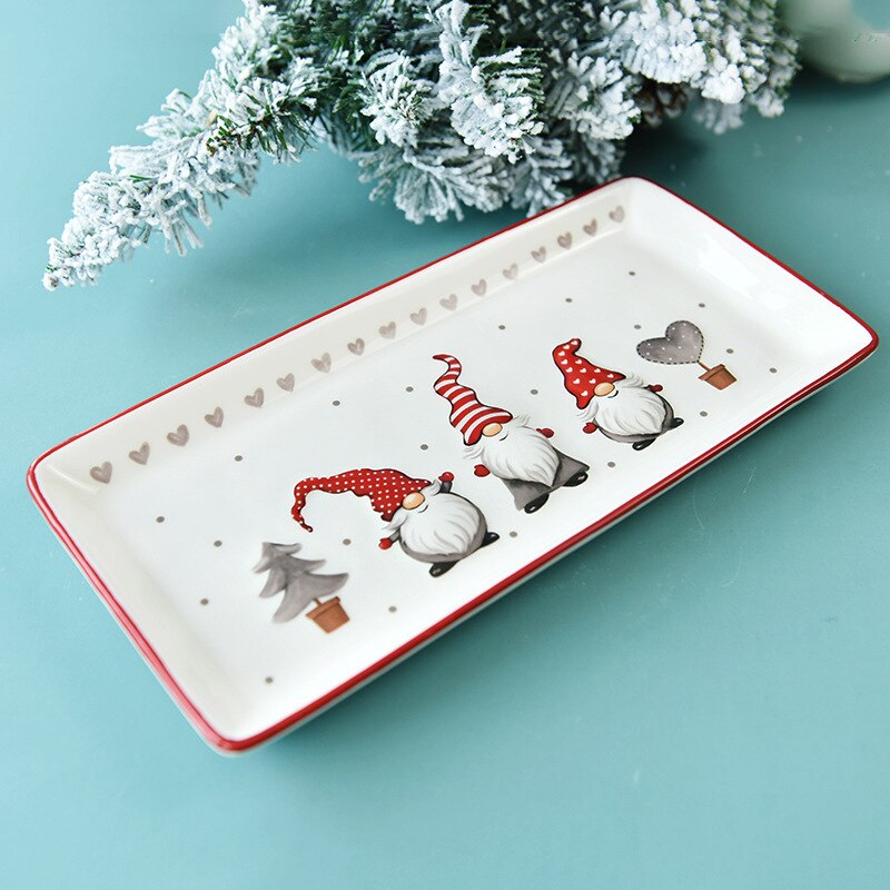 Nordic rectangular Christmas ceramic flat plate kitchen tableware embossed shallow plate western steak plate