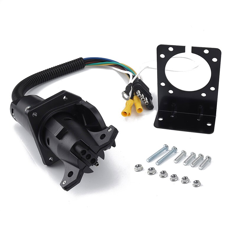 4-Way Flat to 7 Way Round Hole Trailer Plug Wiring Adapter Connector Socket Trailer Hitch Plug with Bracket Set