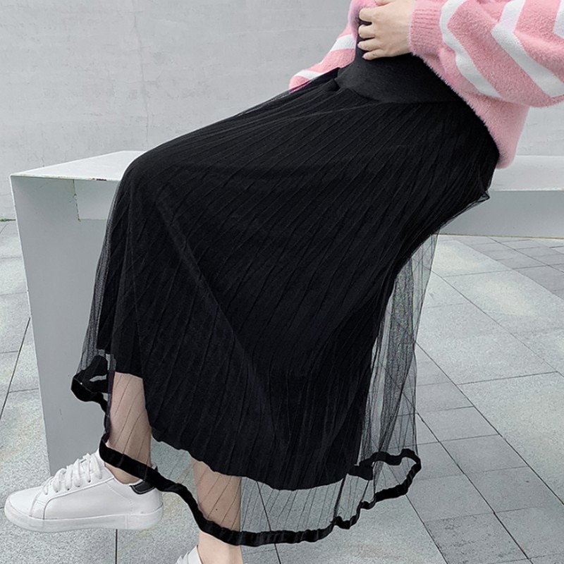 Lifting de l'estomac élasticité réglable maille plissée épissure maternité longue jupe couleur unie décontracté coréen taille haute jupe enceinte
