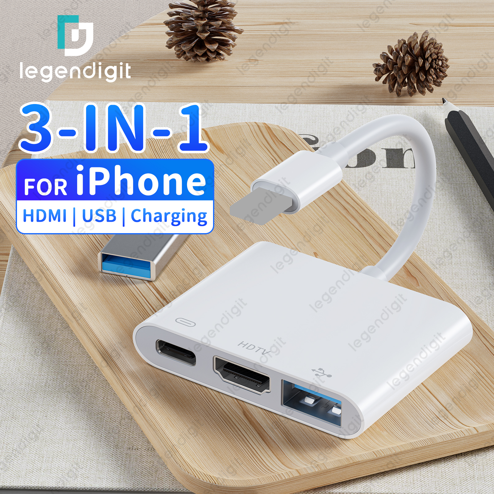Adapter HDTV 1080P HD Plug&Play OTG Adapter Konwerter USBA z portem ładowania Adapter iPhone na HDTV do projektora/monitora/telewizora