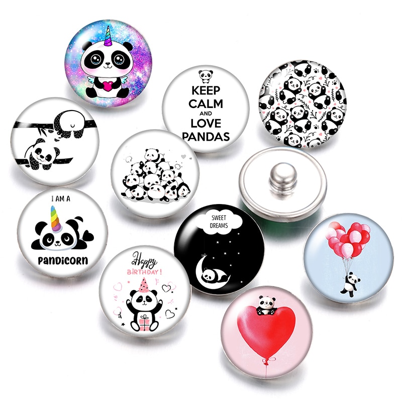 Lovely Panda 18mm snap buttons 10pcs mixed round photo glass cabochon style for snap button jewelry