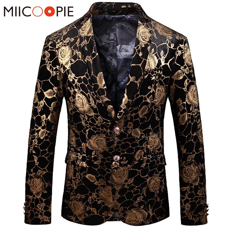 Steampunk bröllopskostymer för män guld bronzing blommönster blazer masculino herr scen kostymer sångare slim jacka