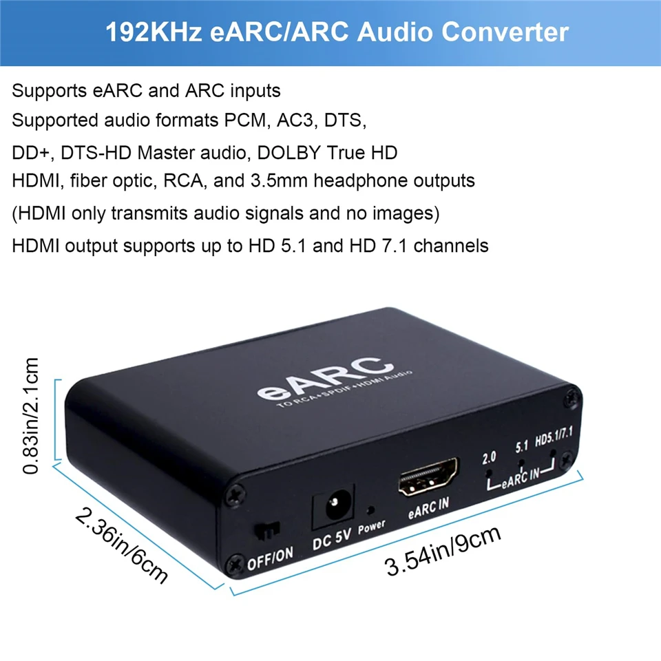 Extracteur Audio HDMI eARC ARC 192Khz, convertisseur Audio eARC vers RCA, adaptateur numérique vers analogique pour Fiber DTS Dolby Atoms AC3 LPCM
