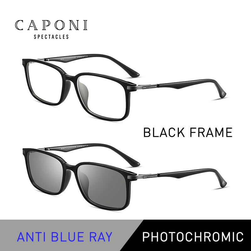 Caponi photochromic briller herre anti blue ray datamaskin briller for menn full frame uv lys blokkerende business mannlige briller  bf6105: Svart-fotokromisk