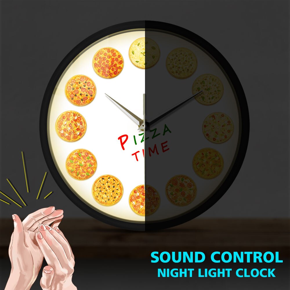 Italian Food Wall Clock with LED Time For Different Tastes Pizza Voice Control Watch Italy Restaurant Kitchen Decor
