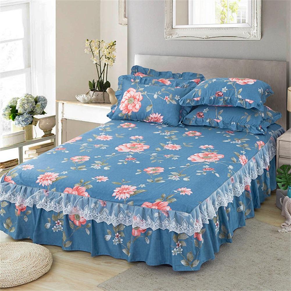 3pcs Floral Fitted Sheet Cover Bed Skirt Solid Bed Cover Sheets Cotton Quilted Lace Bedspread Lace Bed Sheet 150x200cm