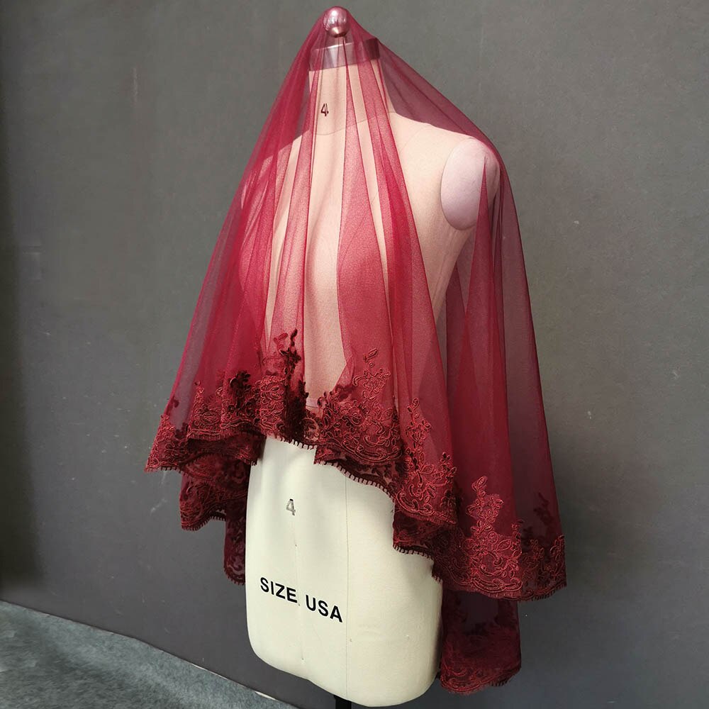 Real Photos Burgundy Lace Tulle Wedding Veil WITHOUT Comb Short Bridal Veil Wedding Accessories Duvak