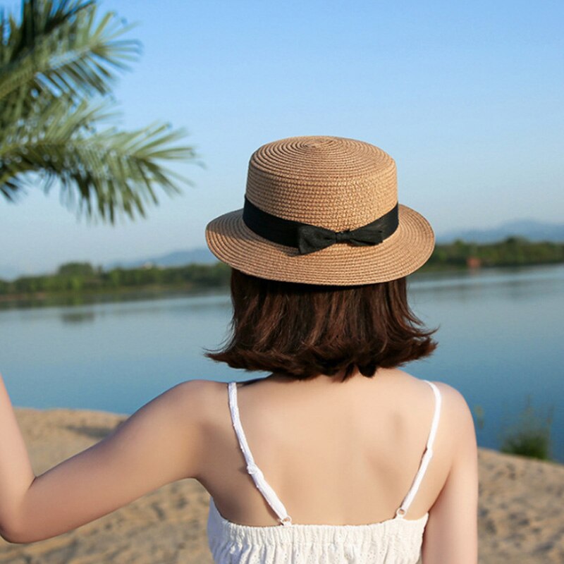 Kvinnor solhatt sommar strand stråhatt dam femme resor bowknot panama hatt platt hona