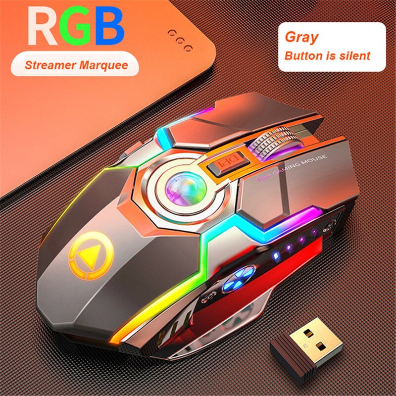 A5 Gaming Mouse ricaricabile Wireless silenzioso 1600 DPI ergonomico RGB LED retroilluminato 2.4G ricevitore USB per Computer portatile: Grigio