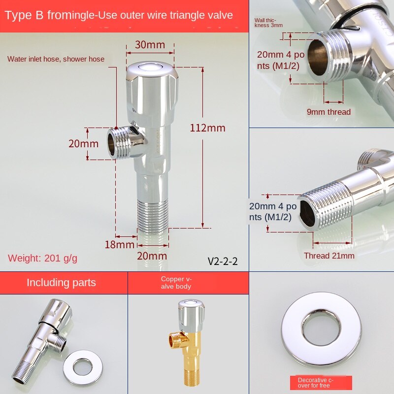 Válvula de ángulo de flujo grande especial para gas y agua heater1/2IN 3/4IN, núcleo de bola de diámetro abierto completo, interruptor de válvula de parada de agua fría y: V2-2-2