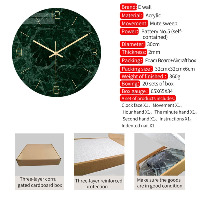 Grün Marmor Wanduhr Einfache Dekorative Kreative nordisch Moderne Marmor Uhren Zauberstab Uhr für Wohnzimmer Küche Büro Schlafzimmer