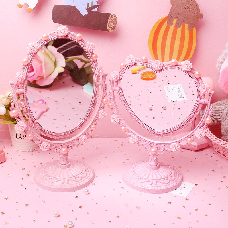 Lyserød udskåret kawaii makeup spejl diy perle toiletbord dekorative spejle værelse indretning forfængelighed spejl plast hjerteformet