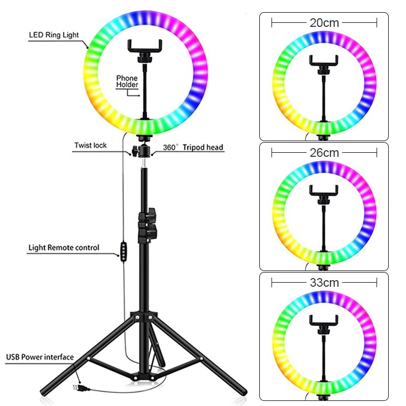 8/12 inch RGB Ring Light with Tripod Dimmable LED Selfie Ring Lamp with Stand Photography Lighting Studio Light for Photo Video