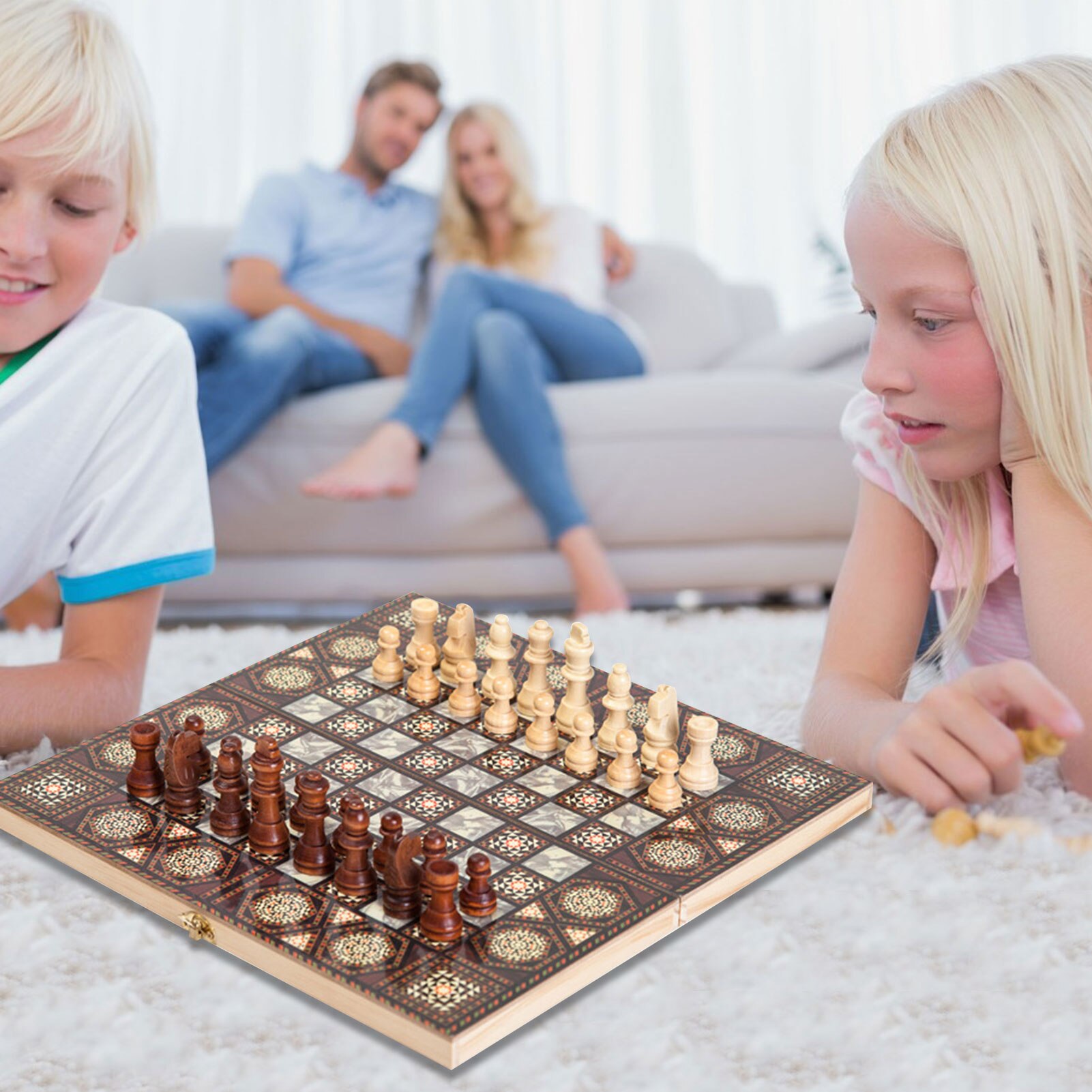 Large Hand Crafted Chess Set Portable Wooden Folding Chess Board Game Toy Family Travel Game